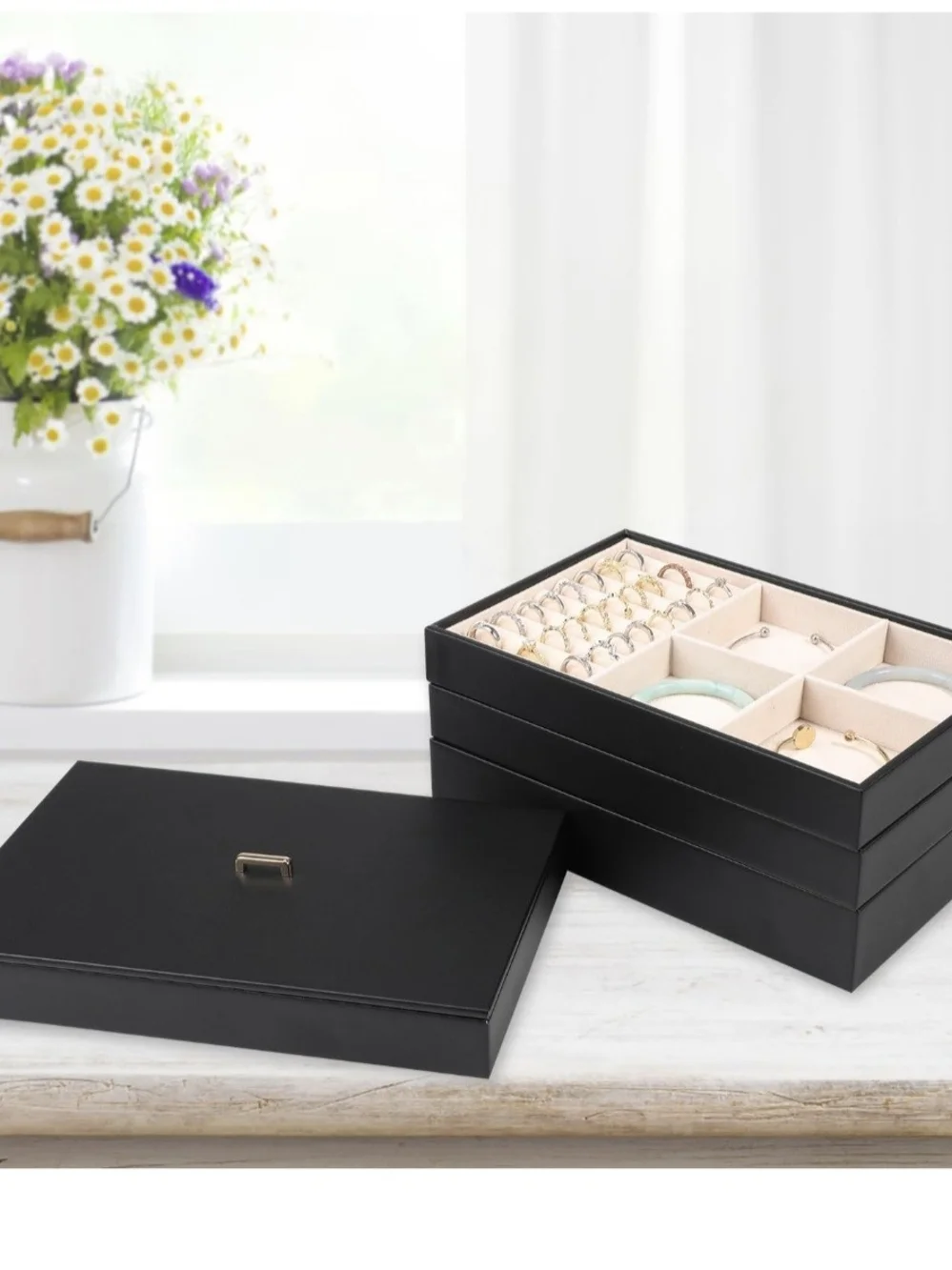 Voova Stackable Jewelry Organizer Tray with Lid (Set of 4, Black)
